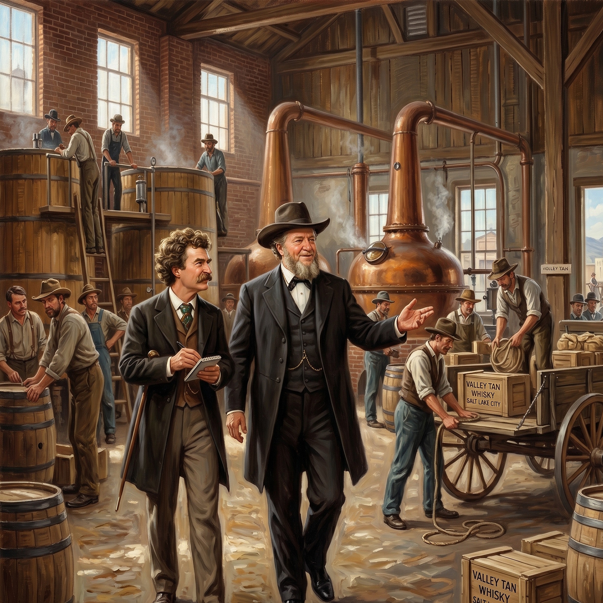 Painted scene inside a brick distillery building. In the foreground center, Brigham Young — an older man in a black tailcoat, dark flat-brimmed hat, and white beard — gestures with one hand while walking beside a younger curly-haired man in a brown suit holding a small notebook. Two large copper stills with curving pipes rise behind them. Around the room, workers in shirtsleeves and aprons tend wooden mash tubs on a raised platform, while others load wooden crates stenciled "VALLEY TAN WHISKY — SALT LAKE CITY" onto a wagon. A sunlit street and brick storefronts are visible through an open doorway at the right.