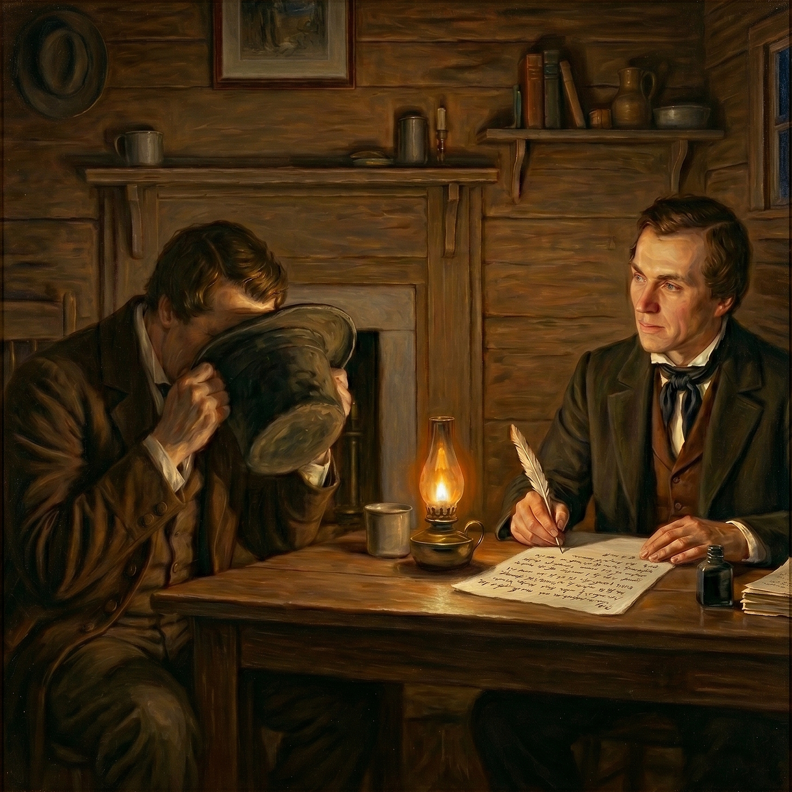 Painted scene inside a dim log cabin lit by a small brass oil lamp on a wooden table. On the left, Joseph Smith sits in a brown coat with his head bowed and his face buried inside an upturned dark stovepipe hat held in both hands. On the right, scribe Oliver Cowdery sits in a dark coat, tan vest, white shirt, and black cravat, holding a white quill pen and writing on a sheet of paper; an inkwell and a small stack of pages rest near his right hand. A pewter mug stands on the table beside the lamp. Behind them is a stone-and-timber fireplace with a wooden mantel holding a candle and metal cup, a framed picture on the wall above, a hat hanging at upper left, and a shelf with books and pottery at upper right.