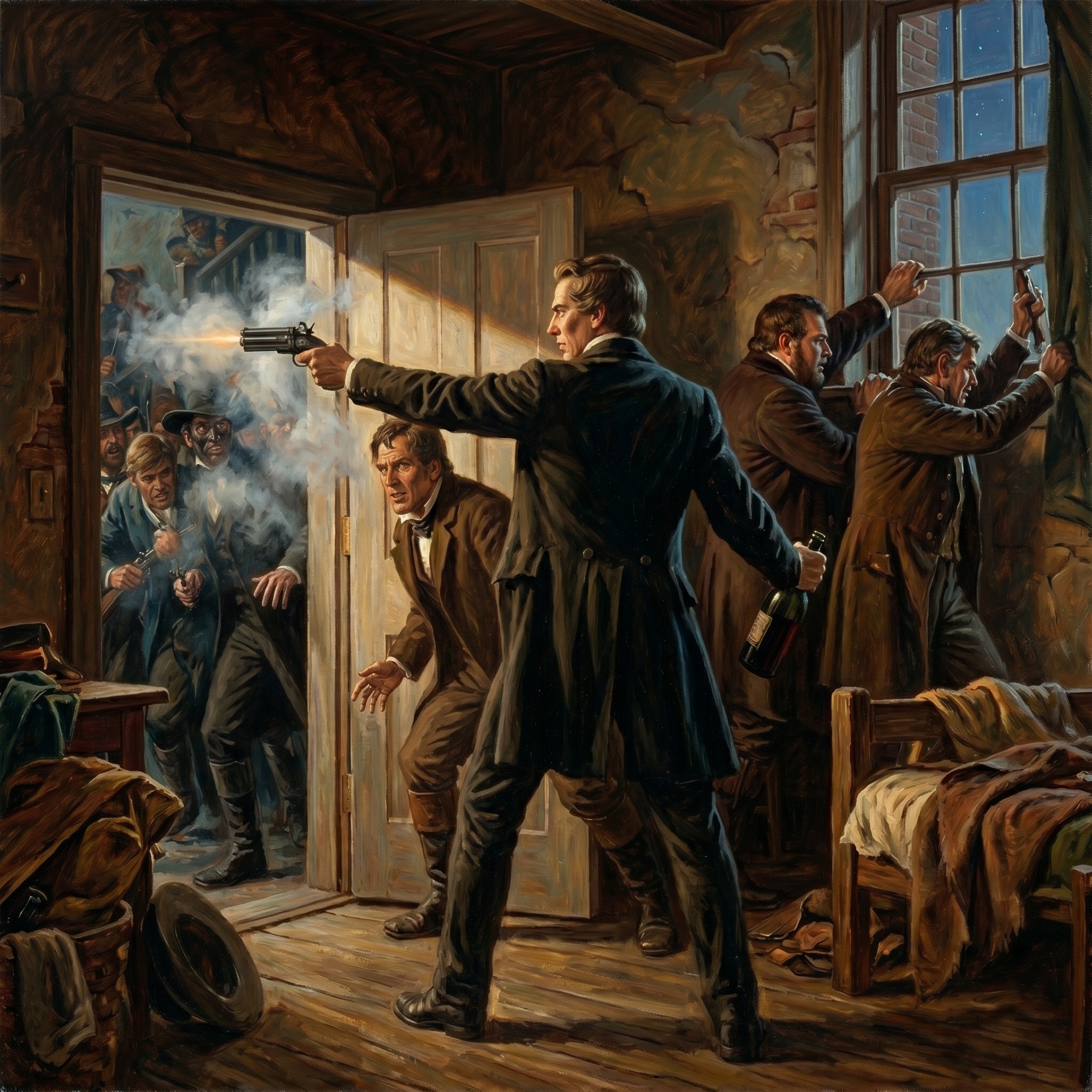 Painted scene inside Carthage Jail at the moment of Joseph Smith's death. In the foreground center, Smith stands in a long dark frock coat, firing a small smoking pepperbox pistol with his left hand toward a mob bursting through the open doorway, while he grips a dark glass wine bottle in his right hand. A cloud of muzzle smoke fills the doorway, where rough-clad attackers raise rifles. Behind Smith to the right, two men struggle to open a window from which to escape.