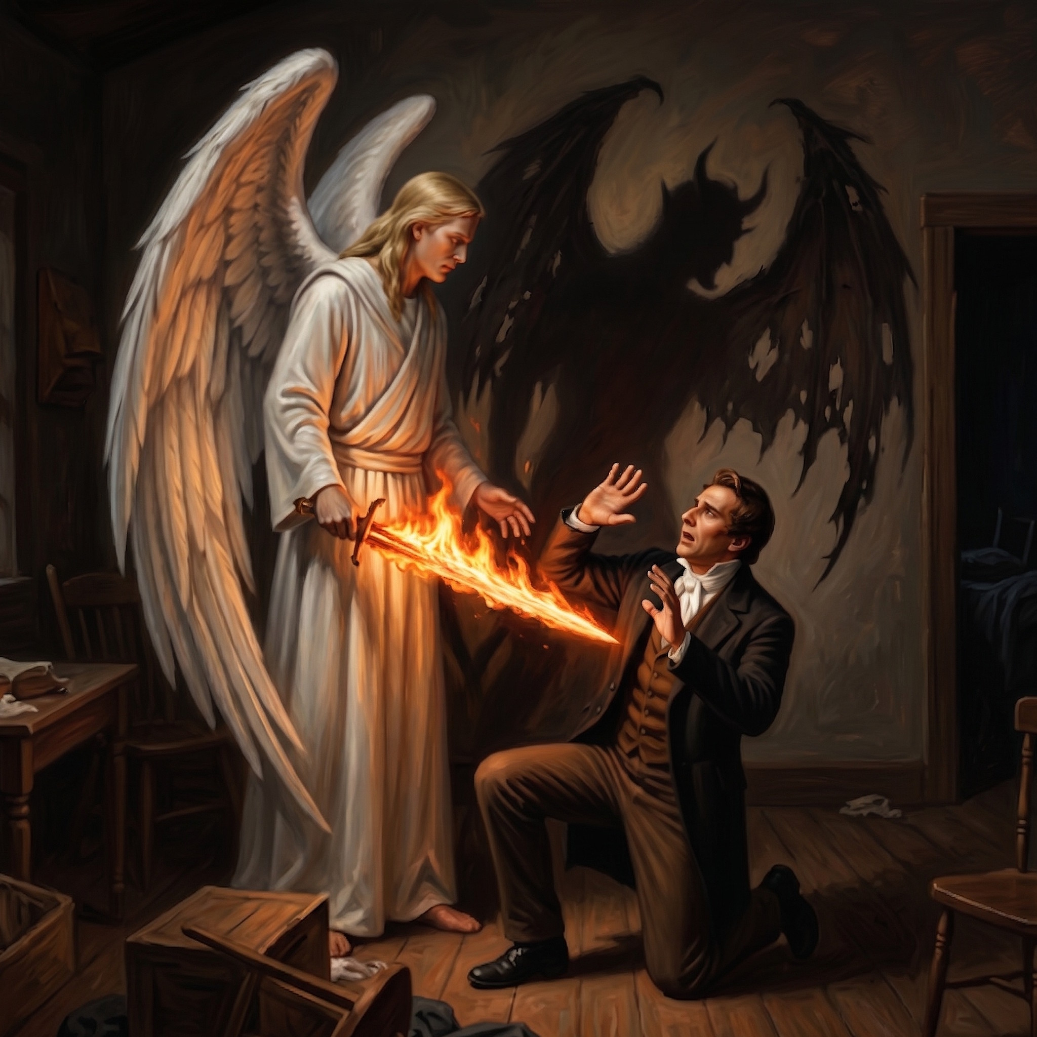 Painted scene inside a dim wood-paneled room. On the left, a tall blond angel in a flowing white robe stands with outstretched white feathered wings, holding a long sword whose blade is wrapped in bright orange flame and pointed downward. Behind the angel, projected on the wall, a much larger shadow with curved horns, jagged batlike wings, and a snarling face looms. On the right, Joseph Smith — a man in a brown frock coat and gold waistcoat — drops to one knee on the wood floor with both hands raised in a defensive, pleading posture, his face turned up toward the angel in alarm. A small wooden table with an open book sits to the left; an unmade bed is visible through a doorway on the right.