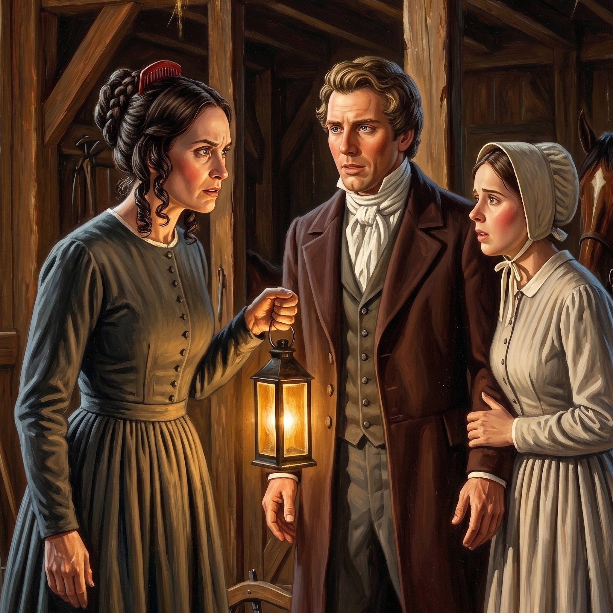 Painted scene inside a dim wooden barn lit by a handheld lantern. From left: Emma Smith, a dark-haired woman in a gray-green period dress with a stern expression, holds the lantern aloft. In the center, Joseph Smith stands in a brown coat, vest, and white cravat, looking caught and troubled. To the right, 16 year-old Fanny Alger in a white bonnet and apron-like dress grips Smith's arm with a frightened look.