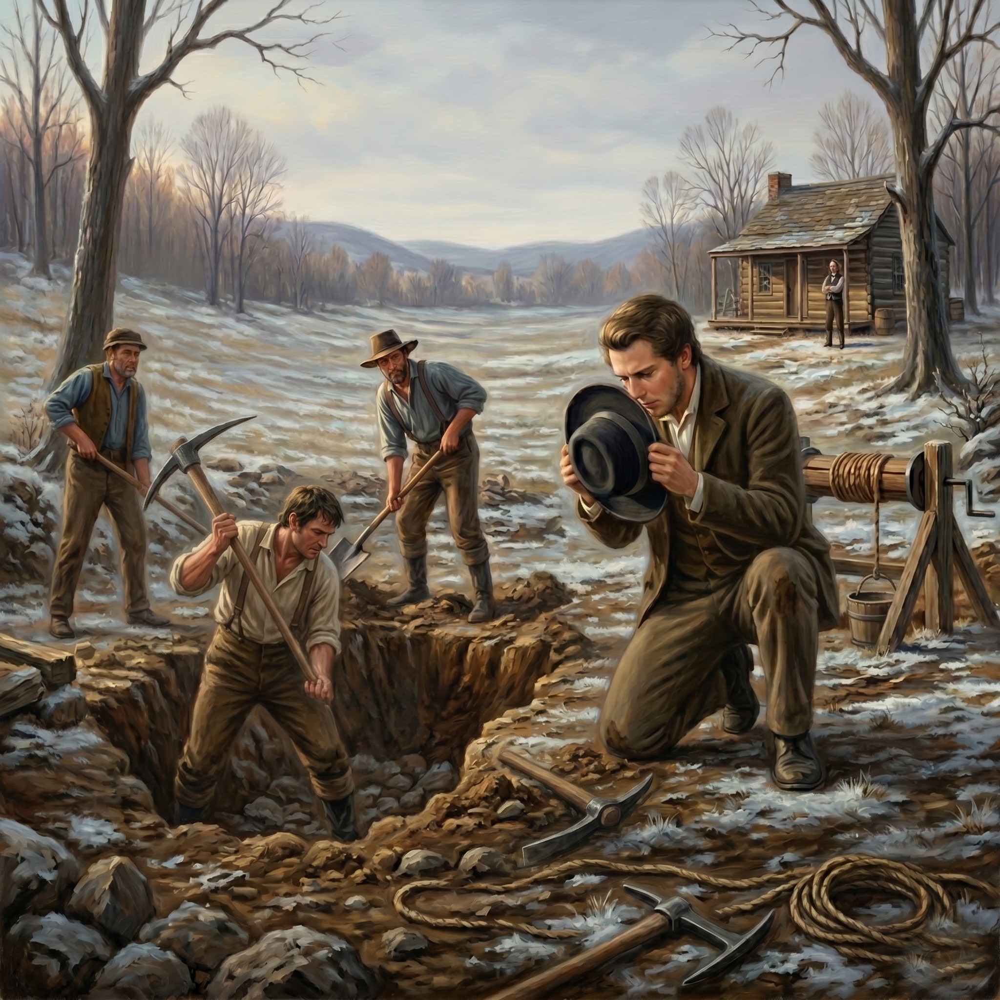 Painted outdoor scene on a chilly farm with patches of snow, bare trees, and a log cabin in the distance. In the foreground, Joseph Smith kneels in a brown coat with his face buried in the crown of a hat held in both hands. To his left, three men in period work clothes dig a deep pit with picks and shovels — one works inside the hole, the others swing tools above. A windlass with a coiled rope and bucket stands beside the pit, and picks and rope lie scattered on the ground.