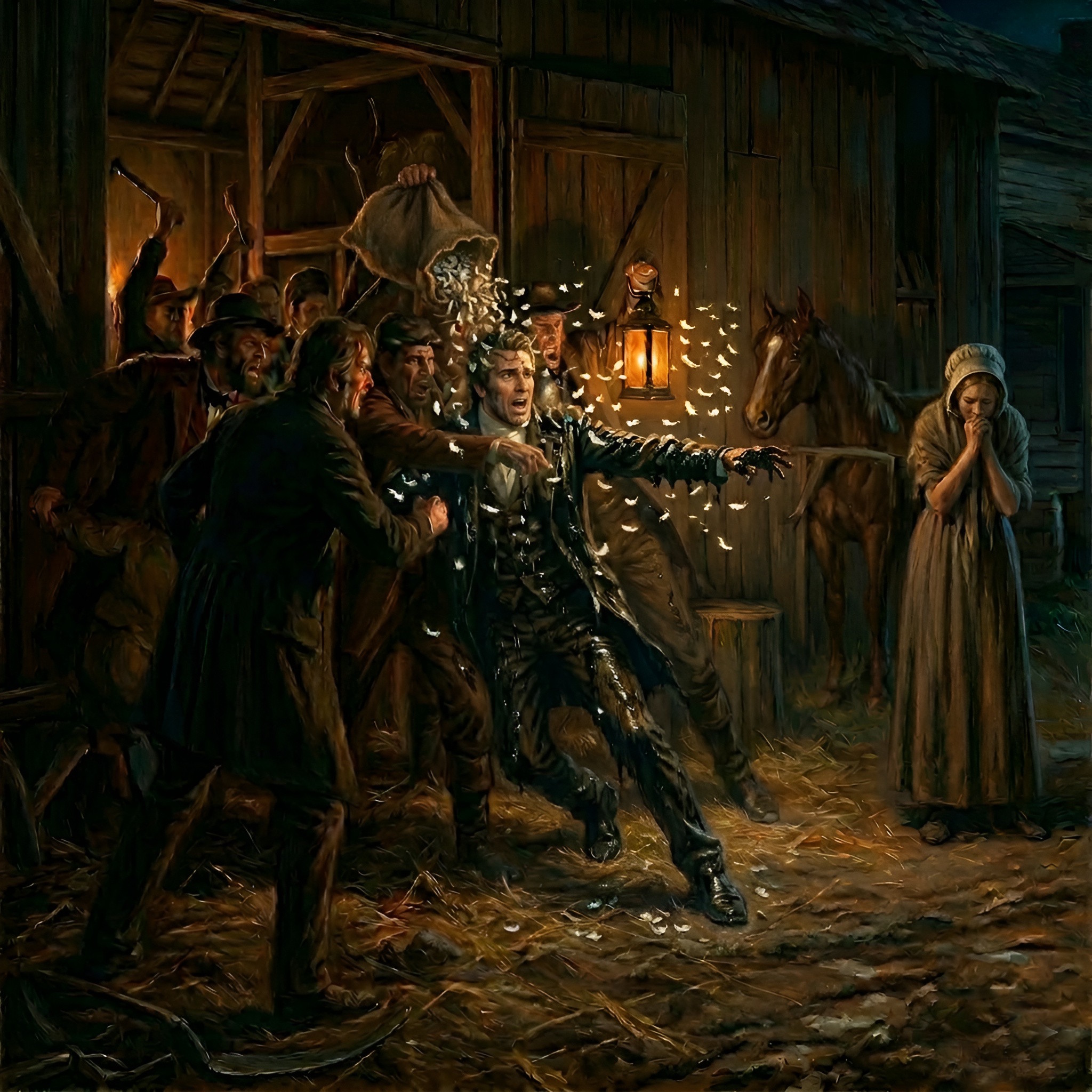 Painted nighttime scene in a dimly lit barnyard. In the center, Joseph Smith is smeared with black tar and struggles to escape as an angry mob led by Eli Johnson dumps a bag of feathers over him. Smith reaches out toward 16 year-old Nancy Marinda Johnson, with whom he has had an improper relationship. Marinda stands with her hands raised to her face in shame.